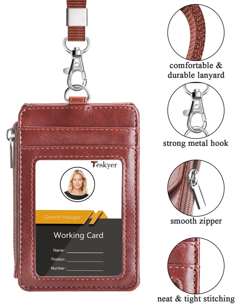 Teskyer Badge Holder with Side Zip Pocket, Multiple Card Slots Leather ID Holder Wallet with Neck Lanyard for Office Staffs, Teachers/Students, Couriers, Workers, Brown - Image 3